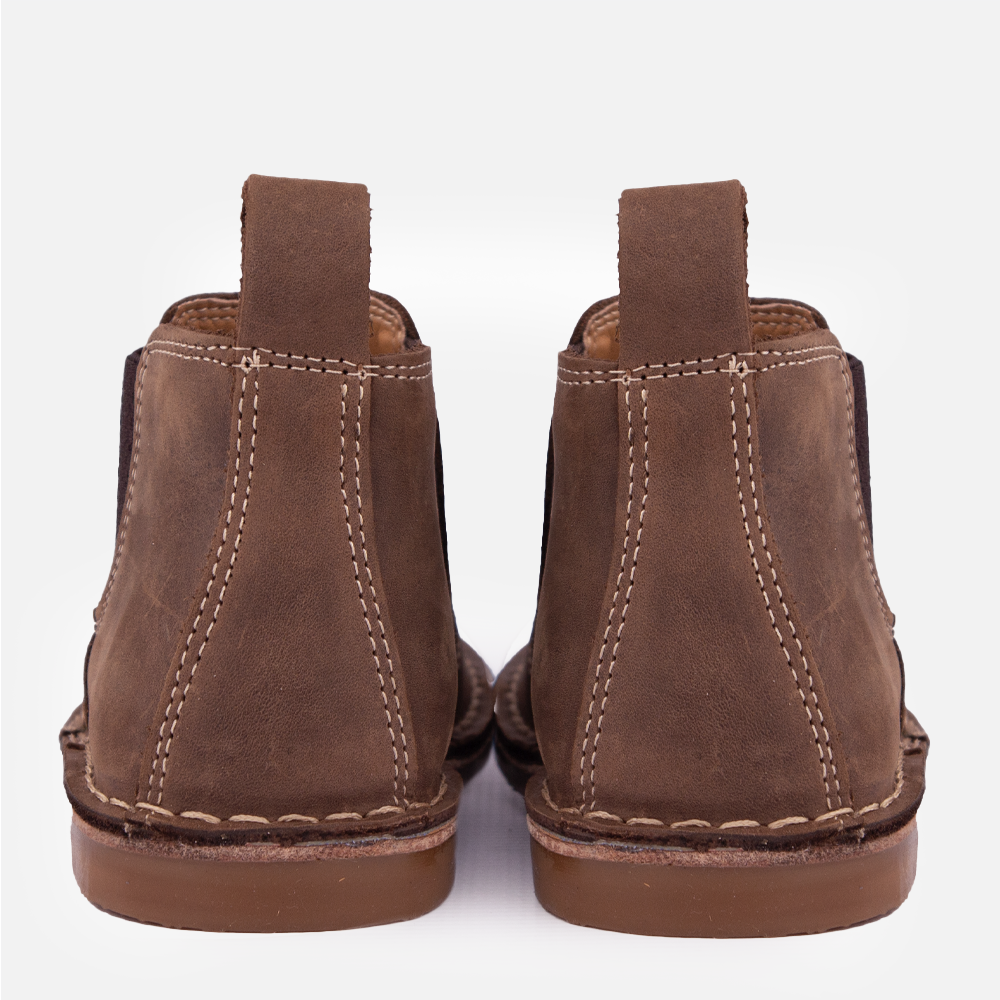 Rear view of the Hedgehogs Maddison mid-boot showing contrast stitching over the heel.