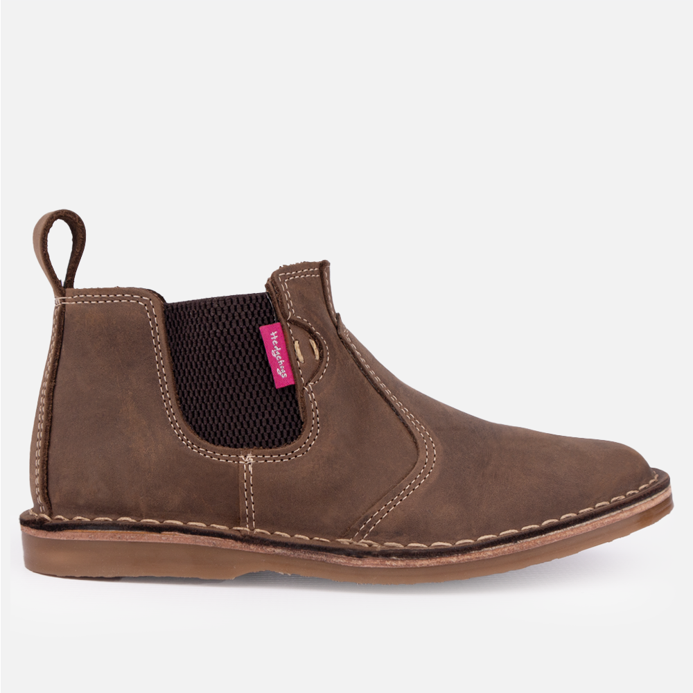 Side profile of the Hedgehogs Maddison mid-boot in Houston mocha leather with a chocolate elastic gusset.