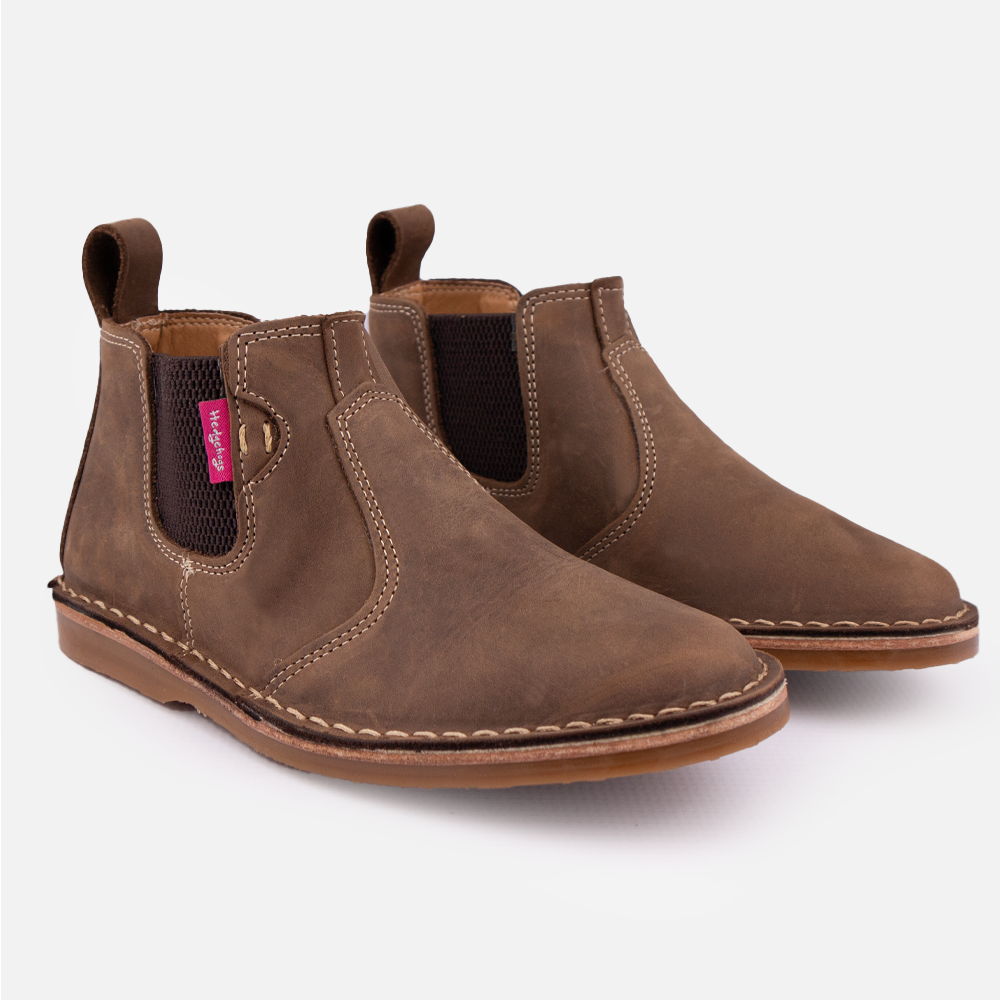 A pair of Hedgehogs Maddison mid-boot in Houston Mocha, showing chocolate gusset detail and heel tab.