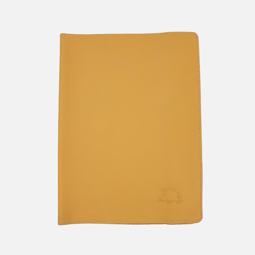 Primary view of the Hedgehogs Full grain leather A4 notebook cover in Ochre leather.