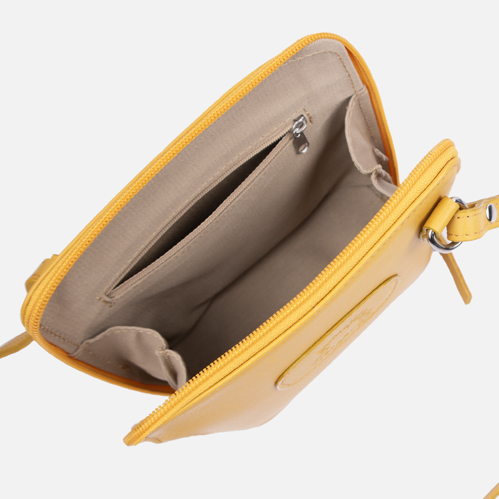 Internal view of the Hedgehogs clutch bag in ochre leather, showing the internal pockets and zip closure 