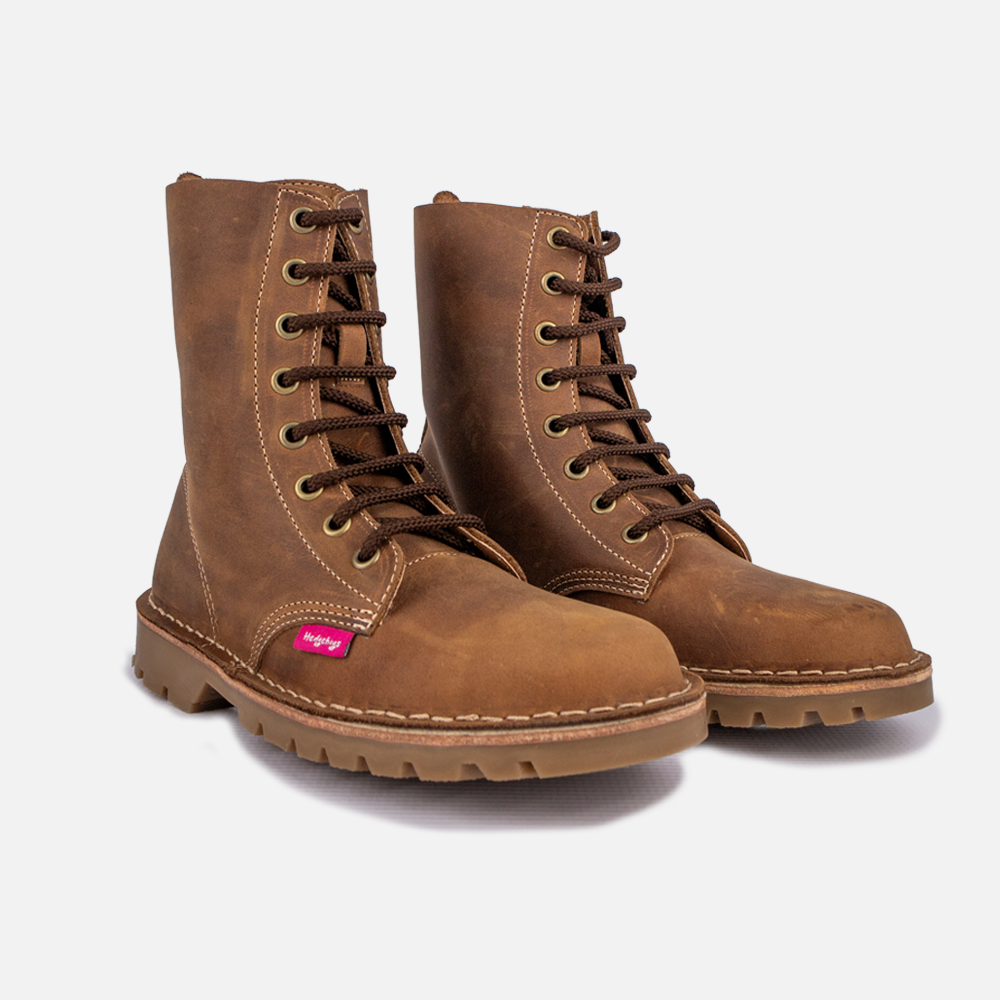 A pair of Hedgehogs Sia ladies combat boot in rich Houston Mocha nubuck, showing lace up front.