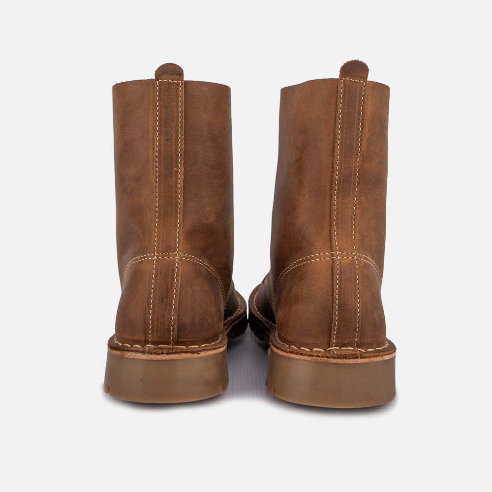 Rear profile of the Hedgehogs Sia ladies combat boot showing contrast stitching and heel detail.