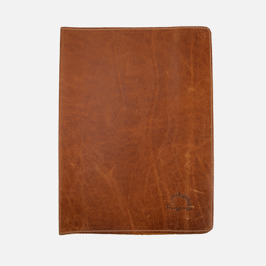 Primary view of the Hedgehogs full grain leather A4 notebook cover in tan leather