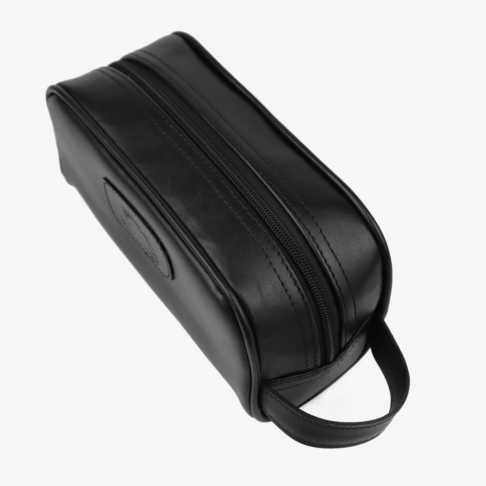 Tope view of the Hedgehogs ladies black leather toiletry bag, showing zip closure. 