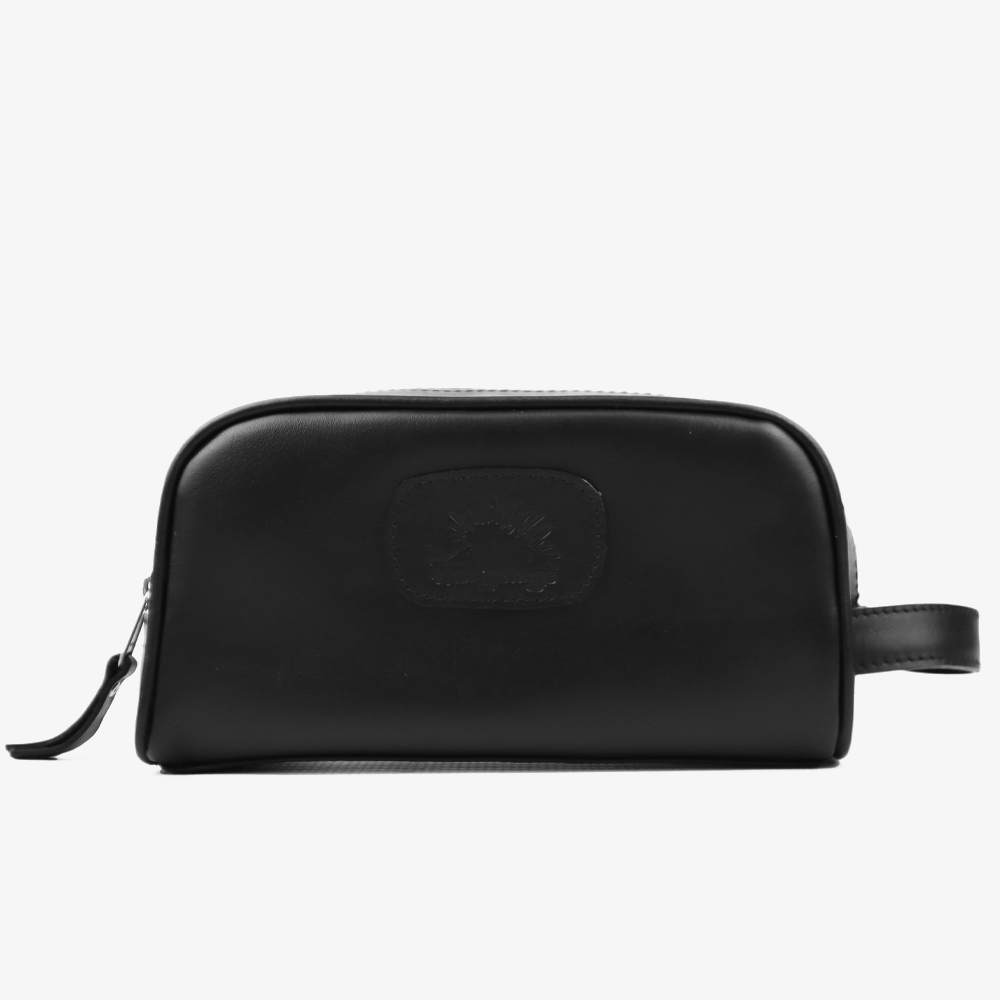 View of the Hedgehogs ladies black leather toiletry bag. 