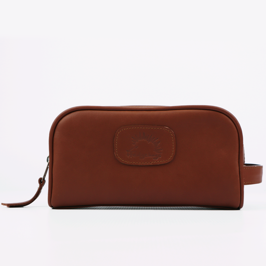 Main view of the Hedgehogs ladies toiletry bag in chocolate brown leather. 