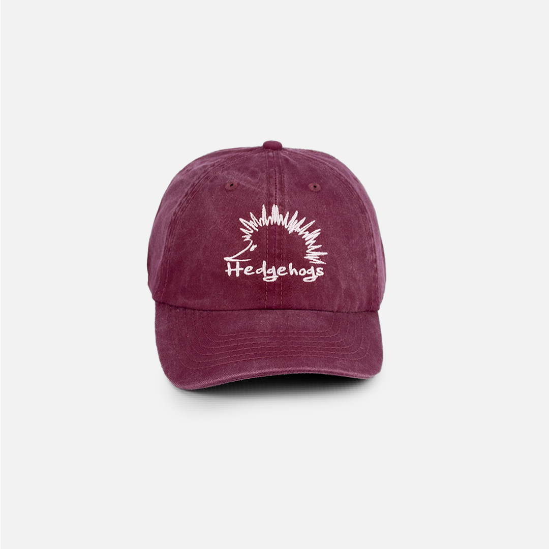 Front view of the Hedgehogs Washed Cotton Cap in Burgundy.