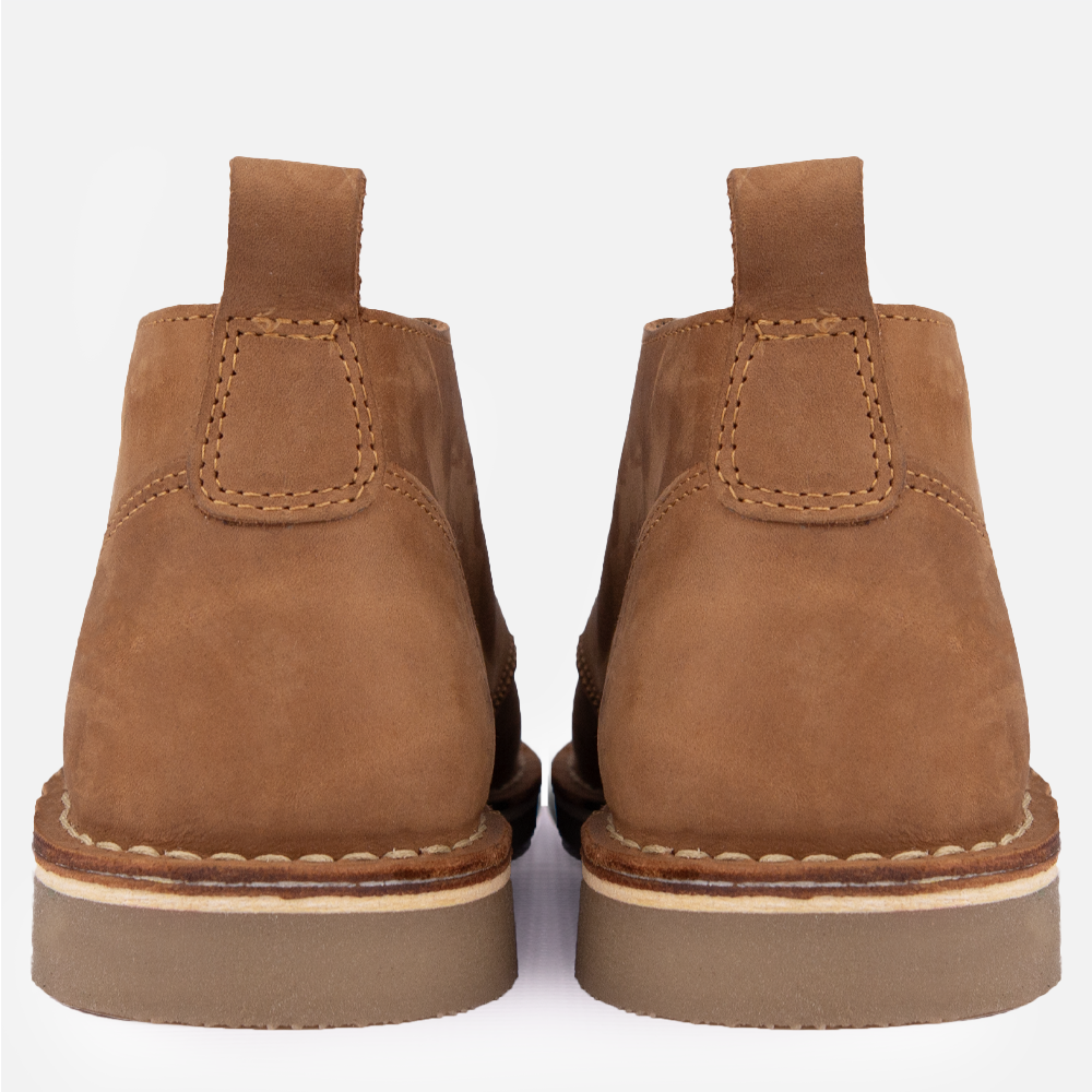 Rear view of a pair of HippoCreek Acacia shoes, showing the stitch detail over the back of the heel. 