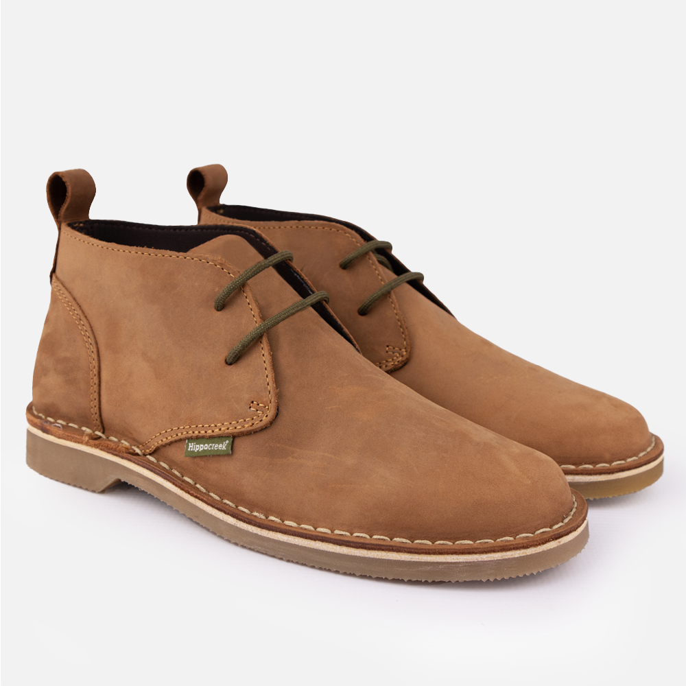 A pair of the HippoCreek Acacia Shoe, a men's traditional genuine leather Vellie (Veldskoen) with a utility sole.