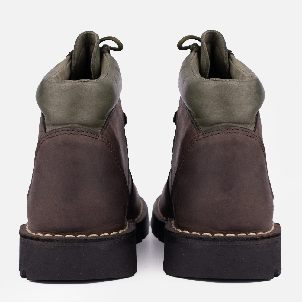 Rear view of the HippoCreek Boulder heavy utility boot showing the stitch detail and puffed collar on the heel. 