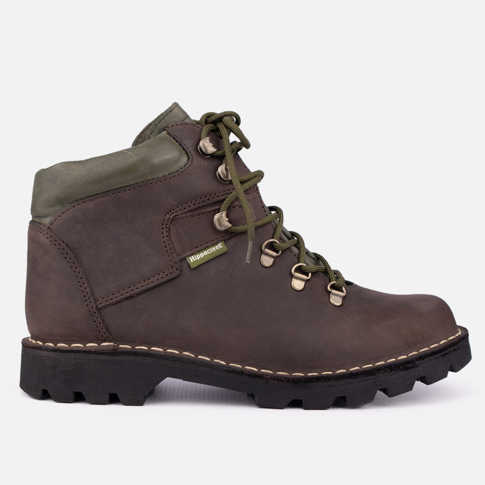 Side profile of the HippoCreek Boulder Boot in Houston Mocha Chocolate leather, a men's heavy-duty outdoor lace-up boot.