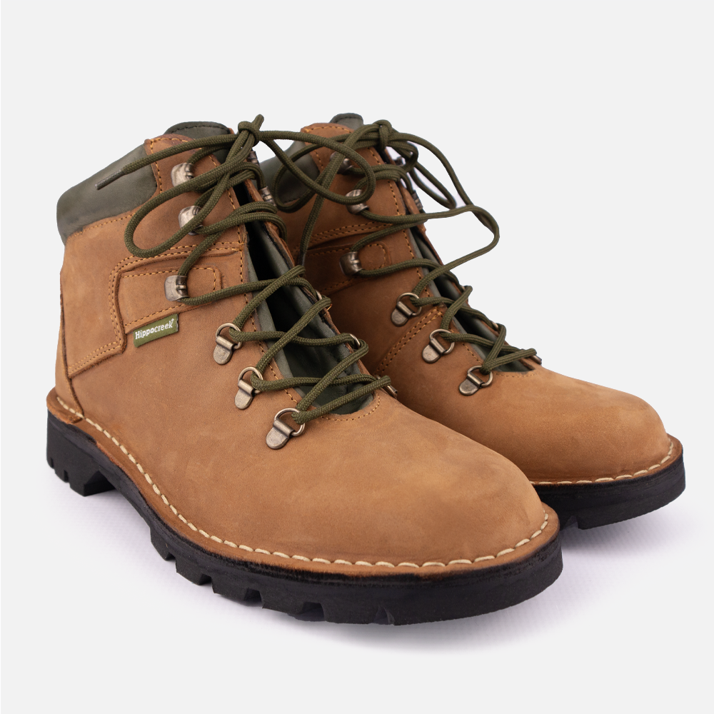 A pair of the HippoCreek Boulder Boot in Santiago Tan leather, a men's high-cut lace-up adventure boot.