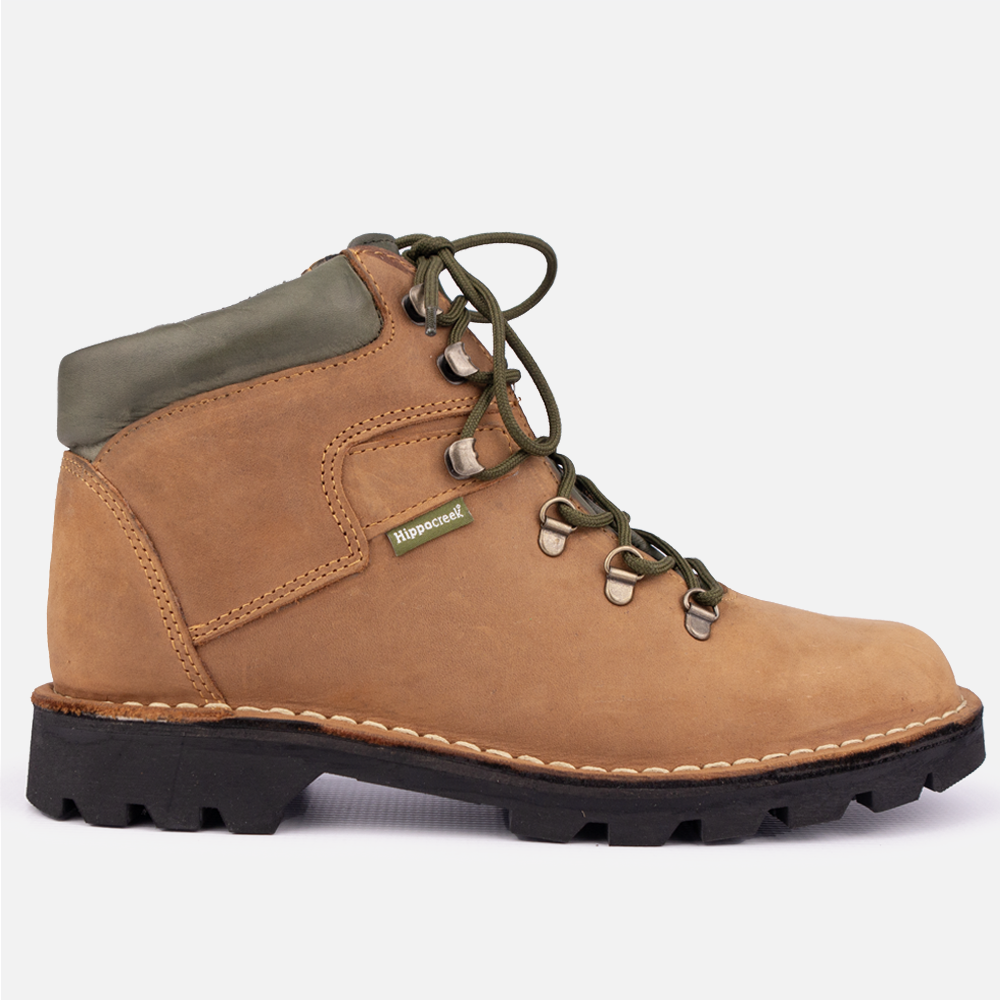 Side profile of the HippoCreek Boulder Boot in Santiago Tan leather, a men's high-cut lace-up adventure boot.