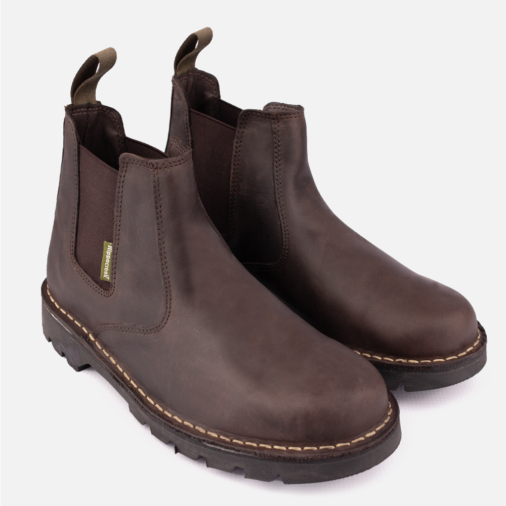 Pair of HippoCreek Canyon leather gusset boot in Houston Mocha chocolate brown leather and brown gusset.