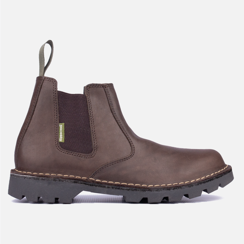 Side profile of the HippoCreek Canyon Boot, a men's chunky, rugged leather gusset boot built for outdoor utility.