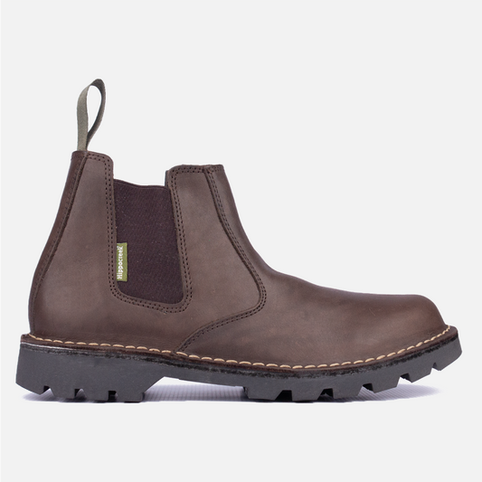 Side profile of the HippoCreek Canyon Boot, a men's chunky, rugged leather gusset boot built for outdoor utility.