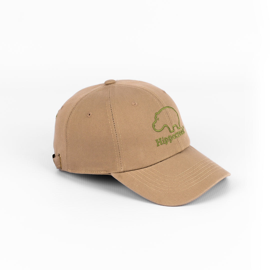 Angled view of the HippoCreek Khaki cap, showing the strong peak and twill fabric texture.