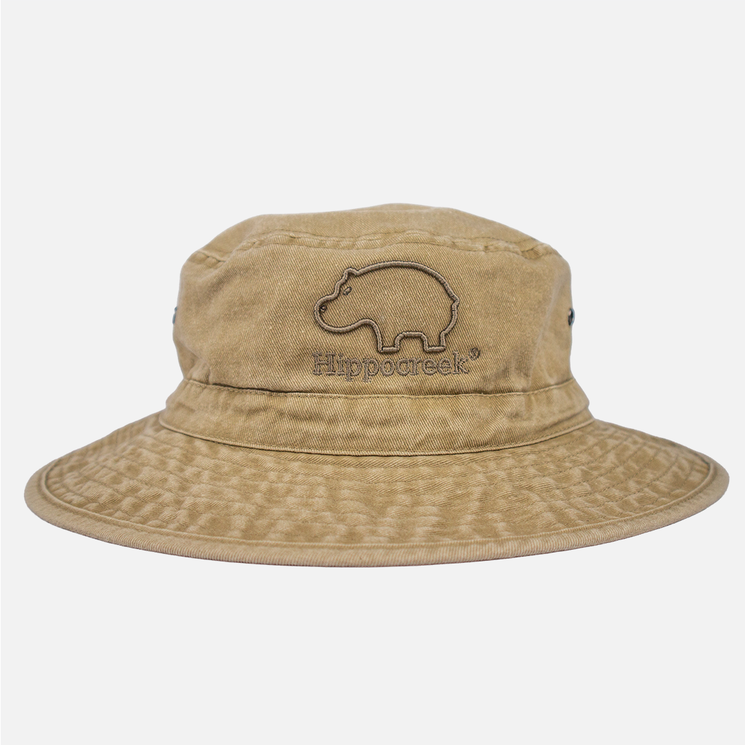Front view of the HippoCreek Khaki Distressed Cotton Bush Hat with wide brim.