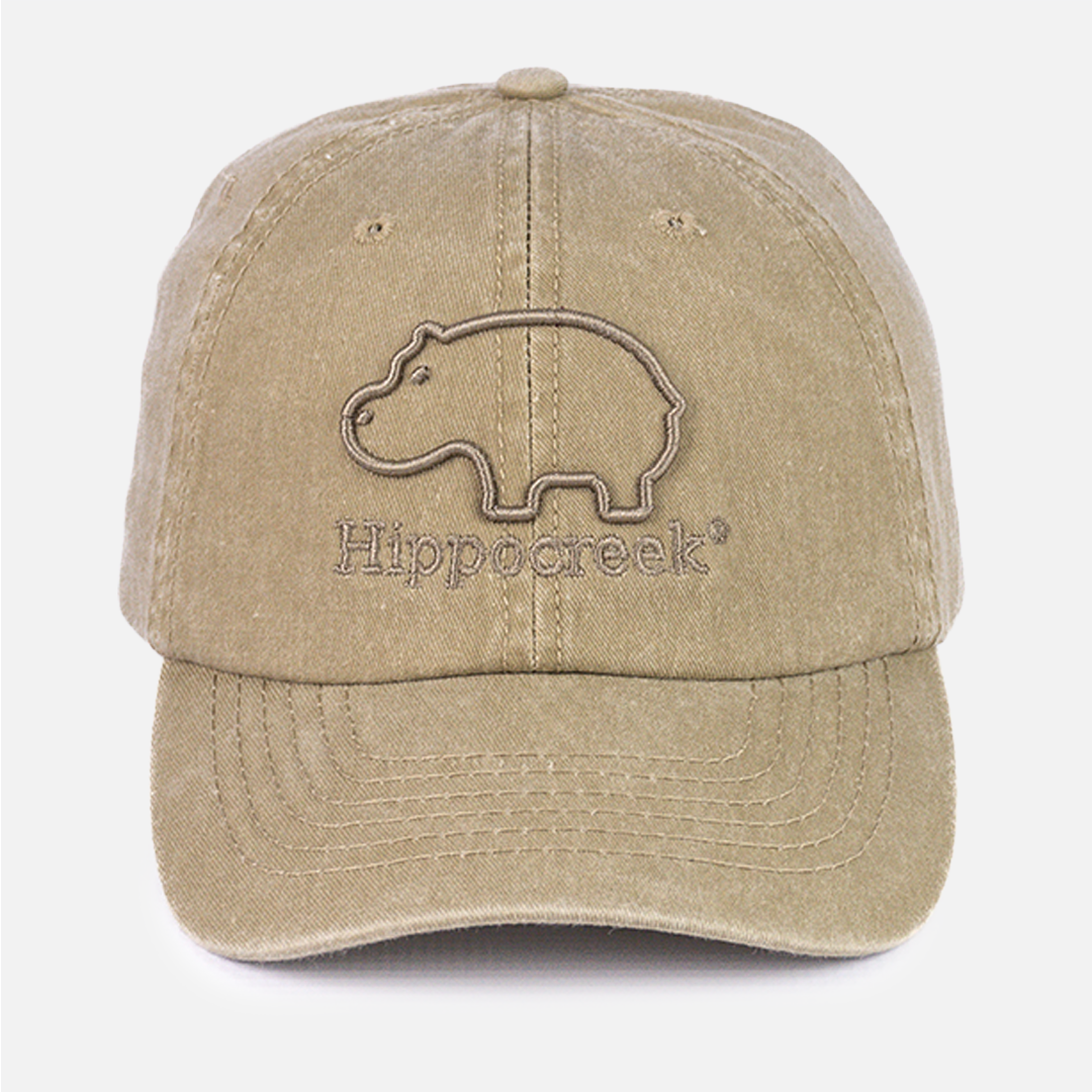 Front view of the HippoCreek Washed Cotton Cap in Khaki, showing the relaxed fabric and curved peak.