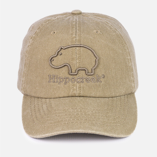 Front view of the HippoCreek Washed Cotton Cap in Khaki, showing the relaxed fabric and curved peak.