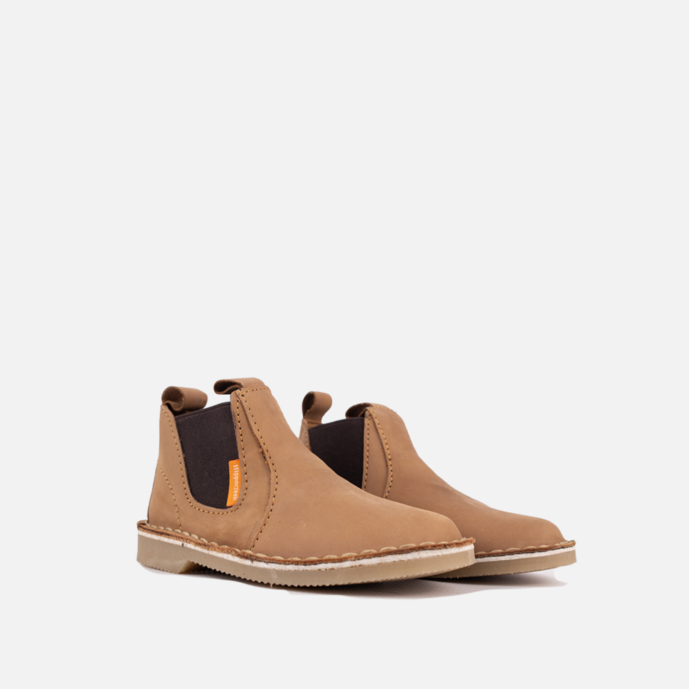 Pair of the HippoCreek Kids Possum Leather Boot in Santiago Dark Choc, a durable children's genuine leather slip-on boot with elastic gussets.