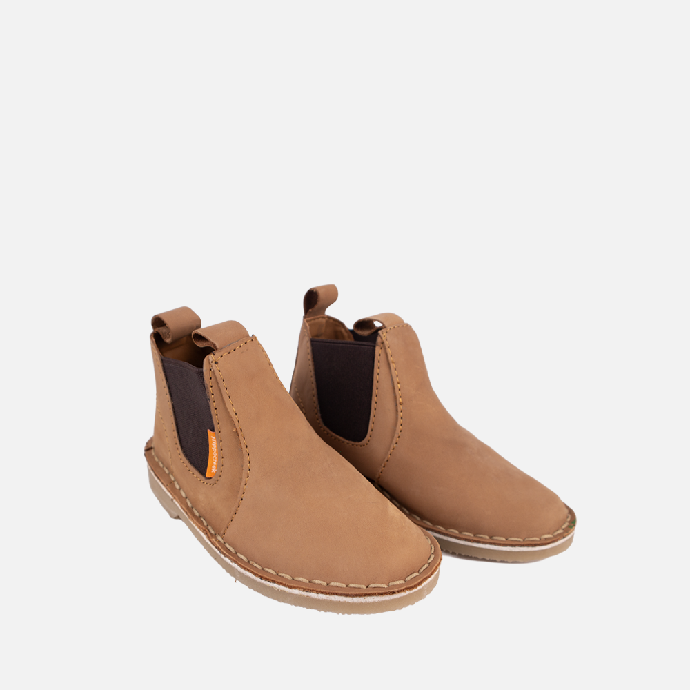 Pair of the HippoCreek Kids Possum Leather Boot in Santiago Dark Choc, a durable children's genuine leather slip-on boot with elastic gussets.