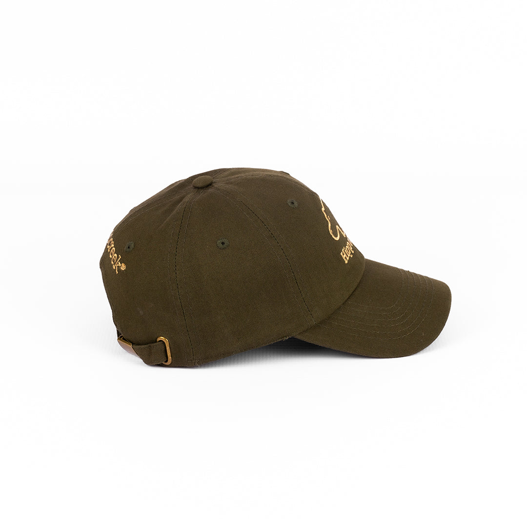 Side profile of the Olive Cotton Twill Cap, detailing the six-panel construction.