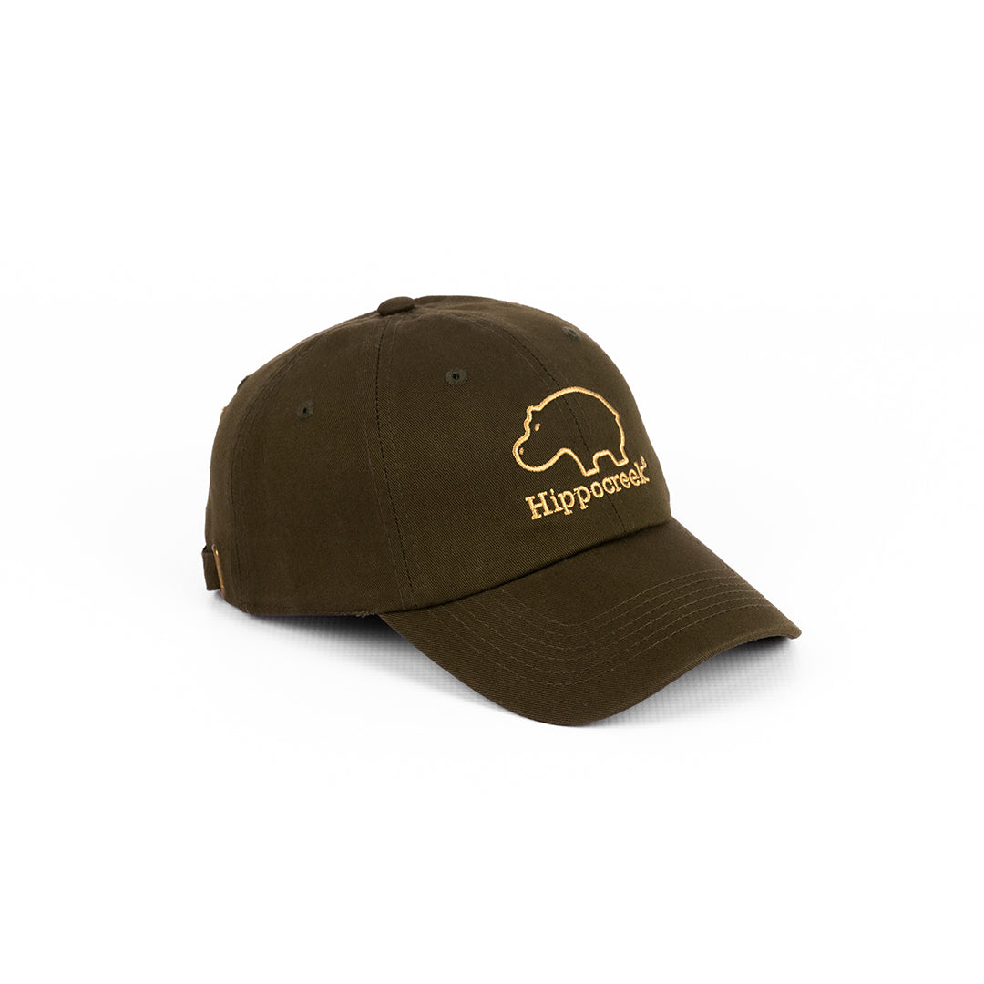 Angled view of the HippoCreek Olive cap, showing the strong peak and twill fabric texture.