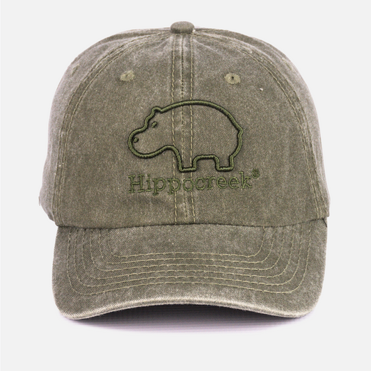 Front view of the HippoCreek Olive Washed Cotton Cap with structured peak.