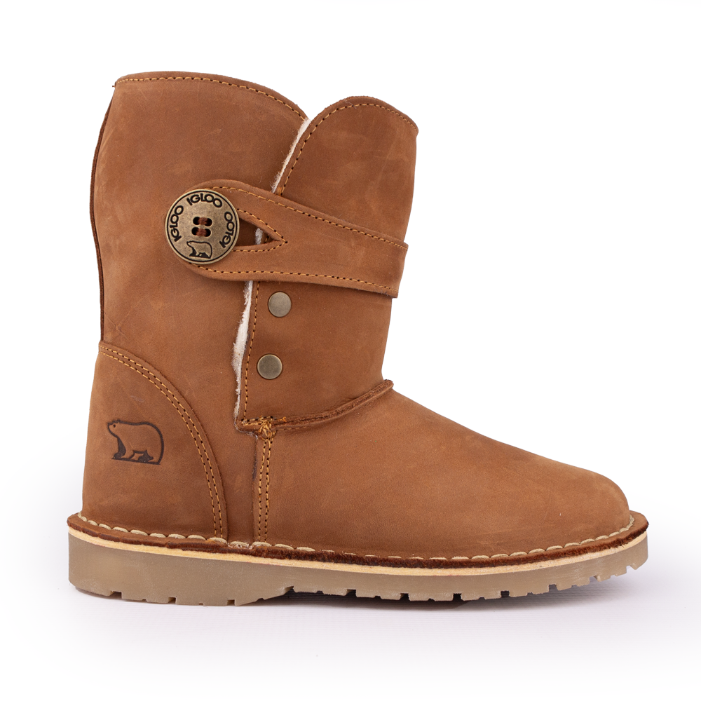 Side profile of the Igloo Alaska Houston Tan Boot, a women's premium leather winter boot with a tan upper.