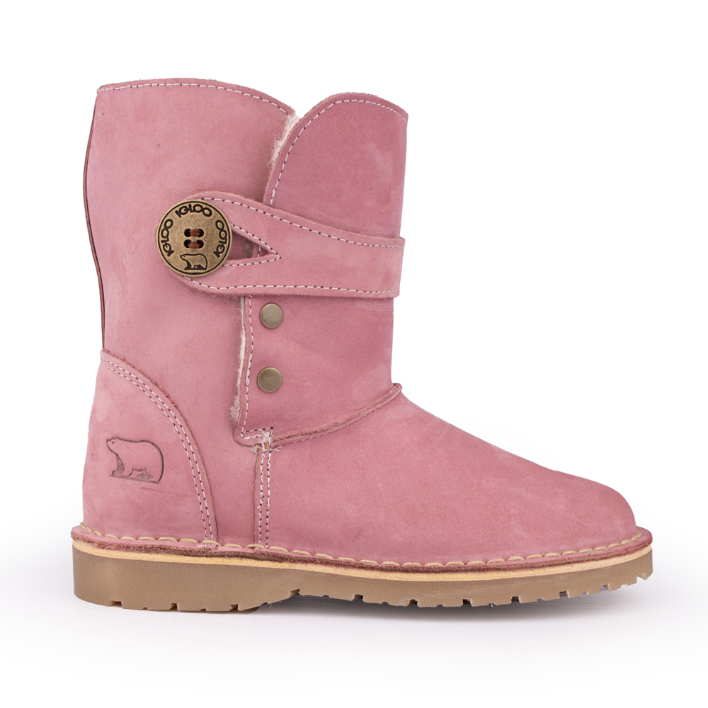 Side profile of the Igloo Alaska Pink Boot, a women's sheepswool winter boot with a pink nubuck upper.
