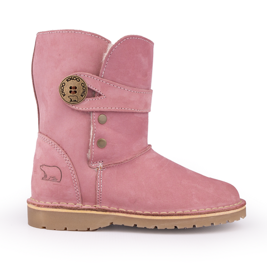 Side profile of the Igloo Alaska Pink Boot, a women's sheepswool winter boot with a pink nubuck upper.