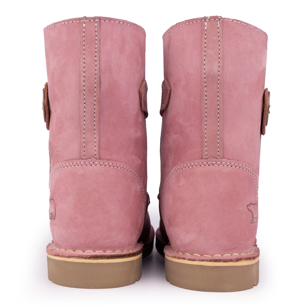 Rear View of a pair of the Igloo Alaska Pink Boot, a women's sheepskin winter boot with a pink suede upper.