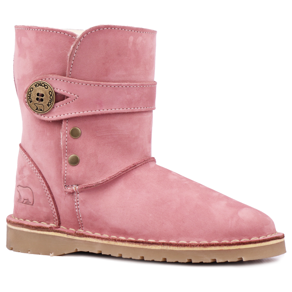 Side profile of the Igloo Alaska Pink Boot, a women's sheepskin winter boot with a pink nubuck leather upper. 