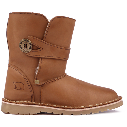 Side profile of the Igloo Alaska Winter Boot, a unisex premium leather winter boot with a tan upper.