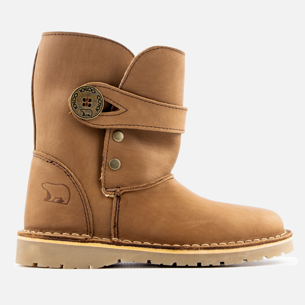 Side profile of the Igloo Alaska Boot in Madrid Donkey leather, a unisex premium leather winter boot with a tan upper.