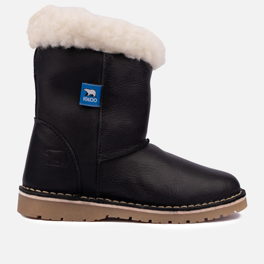 Side profile of the Igloo Tundra Boot in Black premium leather, a unisex sheepswool winter boot.