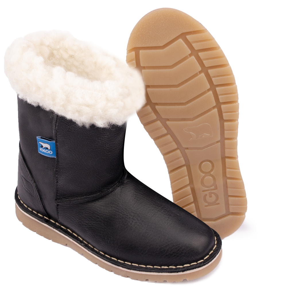 Detail view of the Igloo Tundra Boot in black, showing the branded sole and sheared sheeps and lambswool lining and collar.