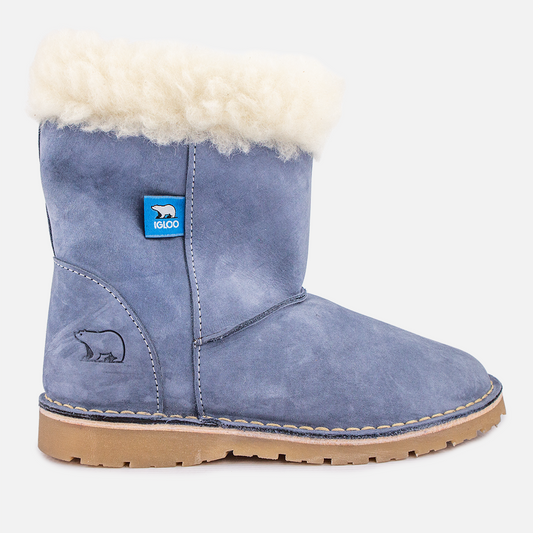 Side profile of the Igloo Tundra Boot in Blue Nubuck, a women's soft nubuck leather and sheepswool winter boot.
