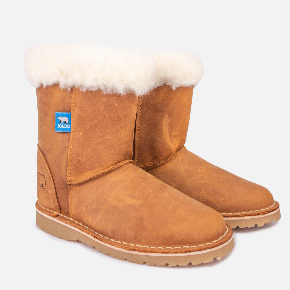 Pair View of the Igloo Tundra Premium Leather and Sheepswool Unisex winter Boot showing the lined collar.