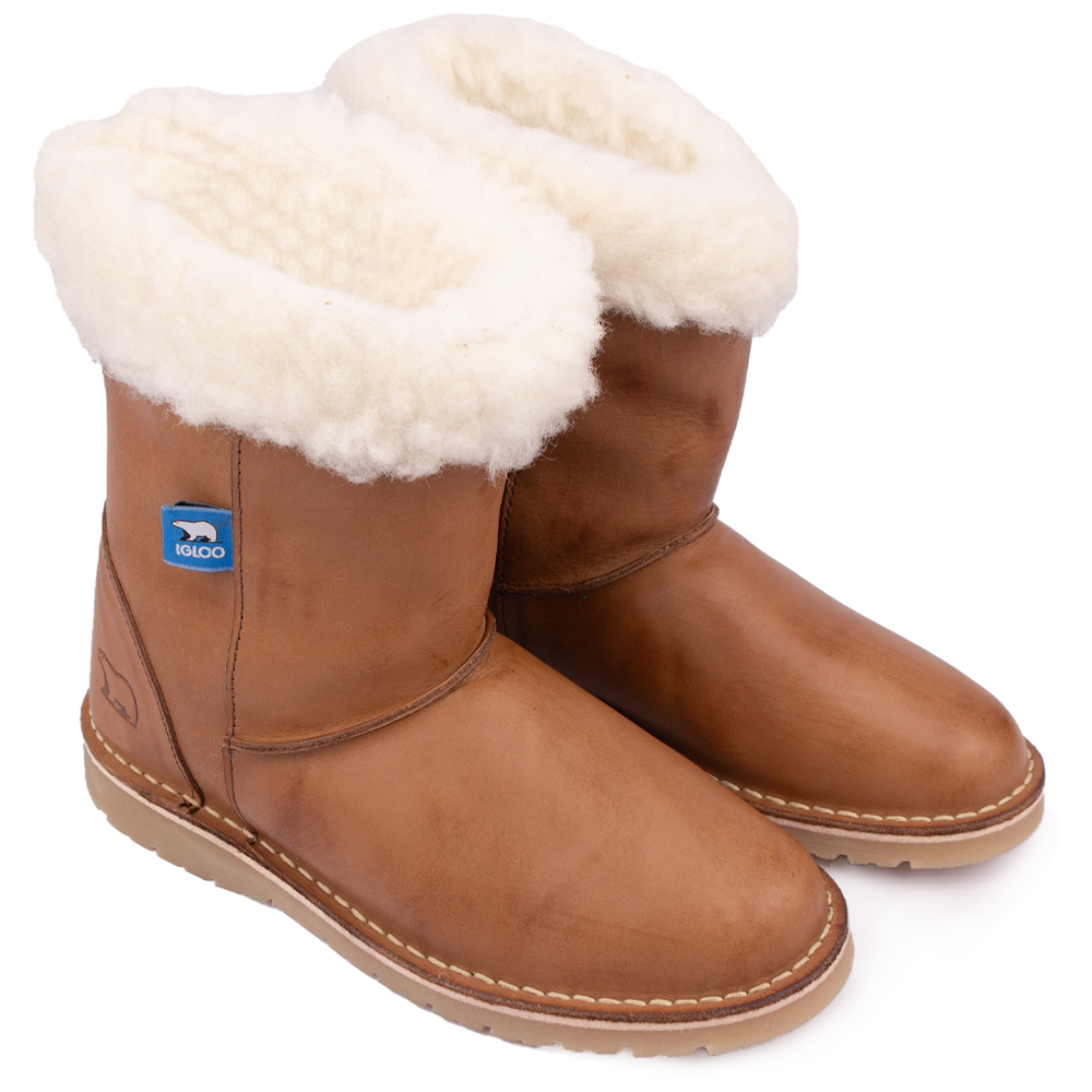 Pair View of the Igloo Tundra Premium Leather and Sheepswool Unisex winter Boot in Donkey Madrid Tan.