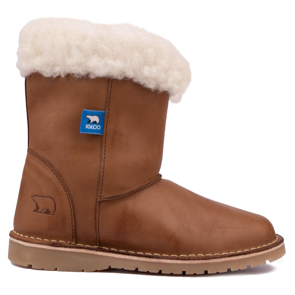 Side profile of the Igloo Tundra Boot in Donkey tan premium leather, a unisex sheepswool winter boot.
