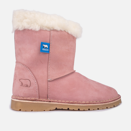 Side profile of the Igloo Tundra Boot in premium Pink Nubuck leather, a women's sheepswool winter boot.