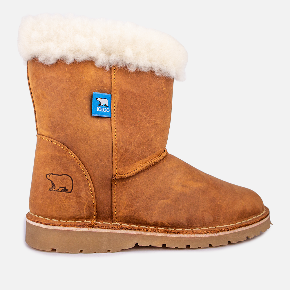 Side profile of the Igloo Tundra Boot in Santiago tan premium leather, a unisex sheepswool winter boot.