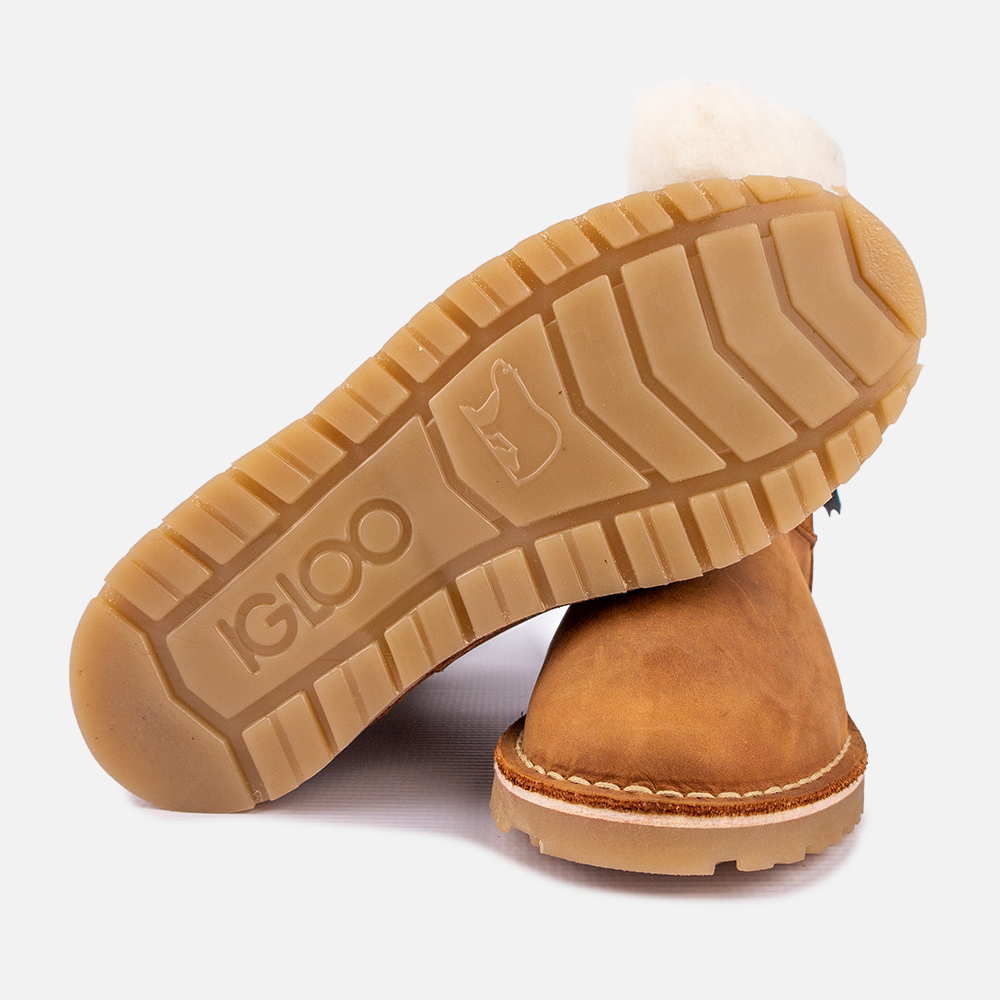 Detail view of the Igloo Tundra Boot in Santiago tan, showing the branded sole.