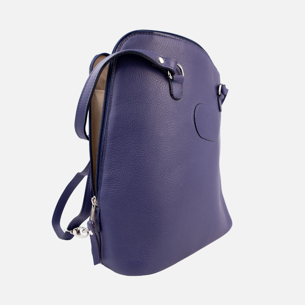 Side view showing the depth and texture of the full-grain Indigo leather on the Hedgehogs Convertible Backpack.