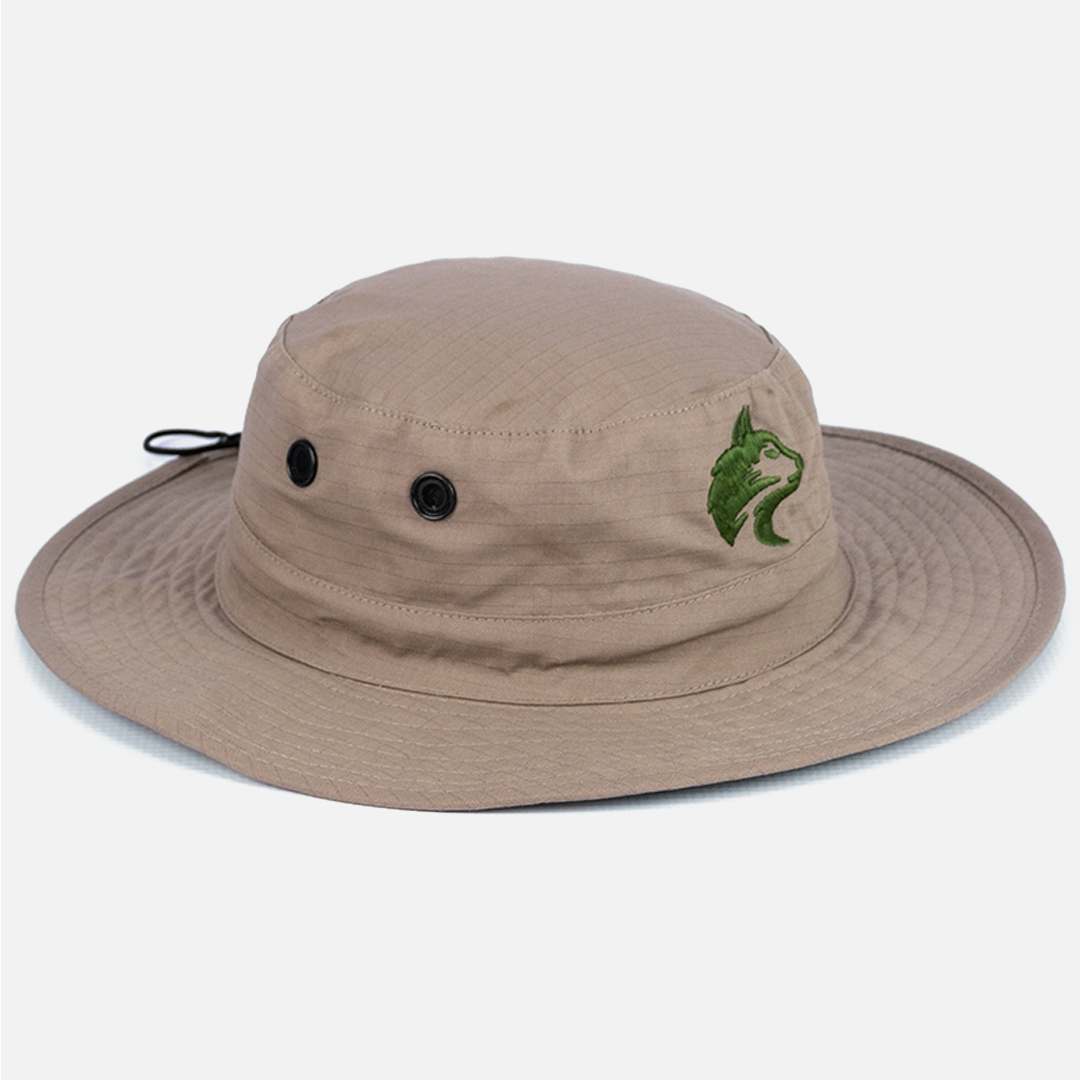 Side view of the Wolf Rock Khaki Rip Stop Hat, showing the brim shape and ventilation eyelets.