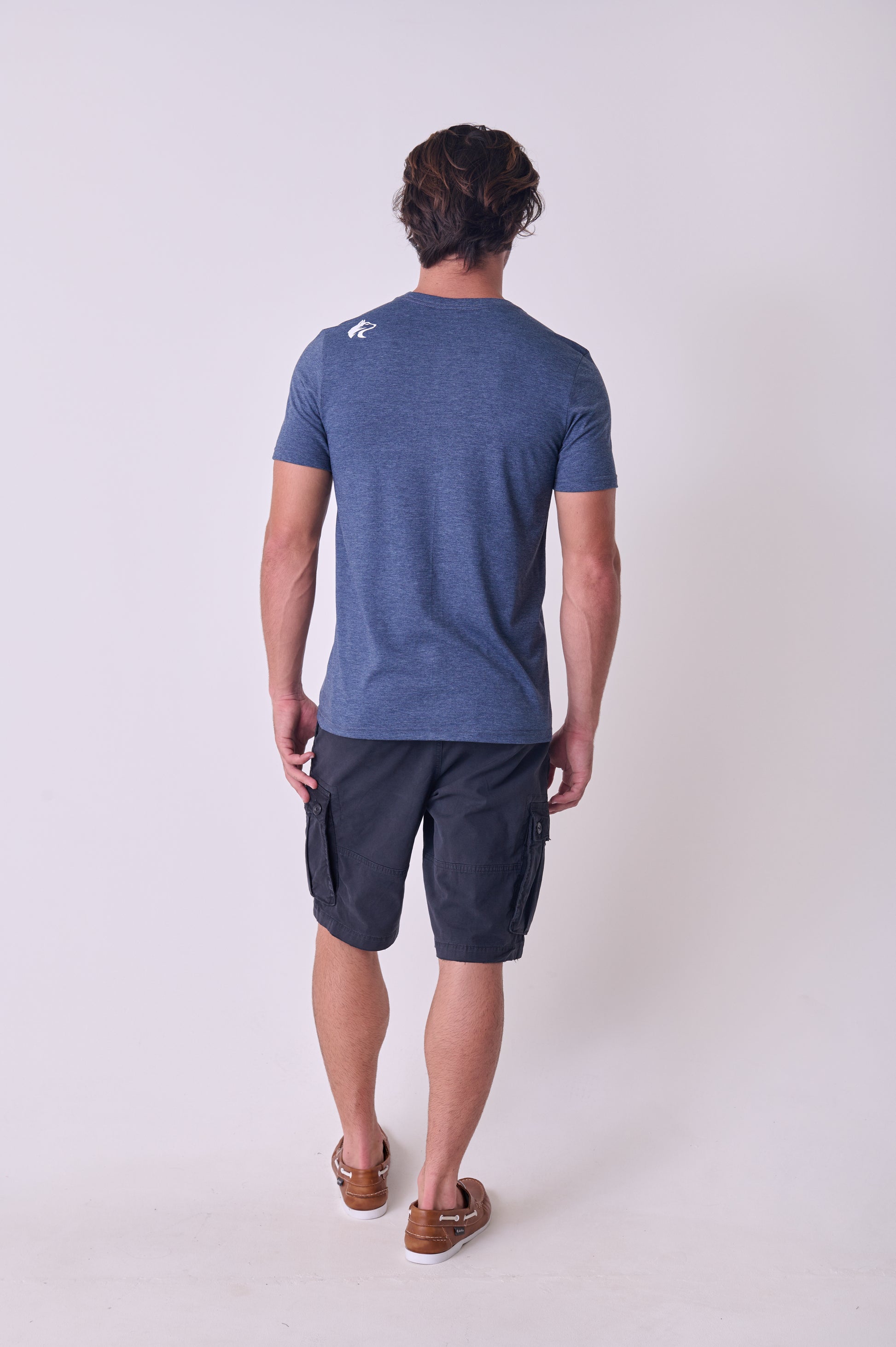 Rear View of the Wolf Rock Standard Tee in Navy Mélange, a classic men's comfortable cotton shirt.