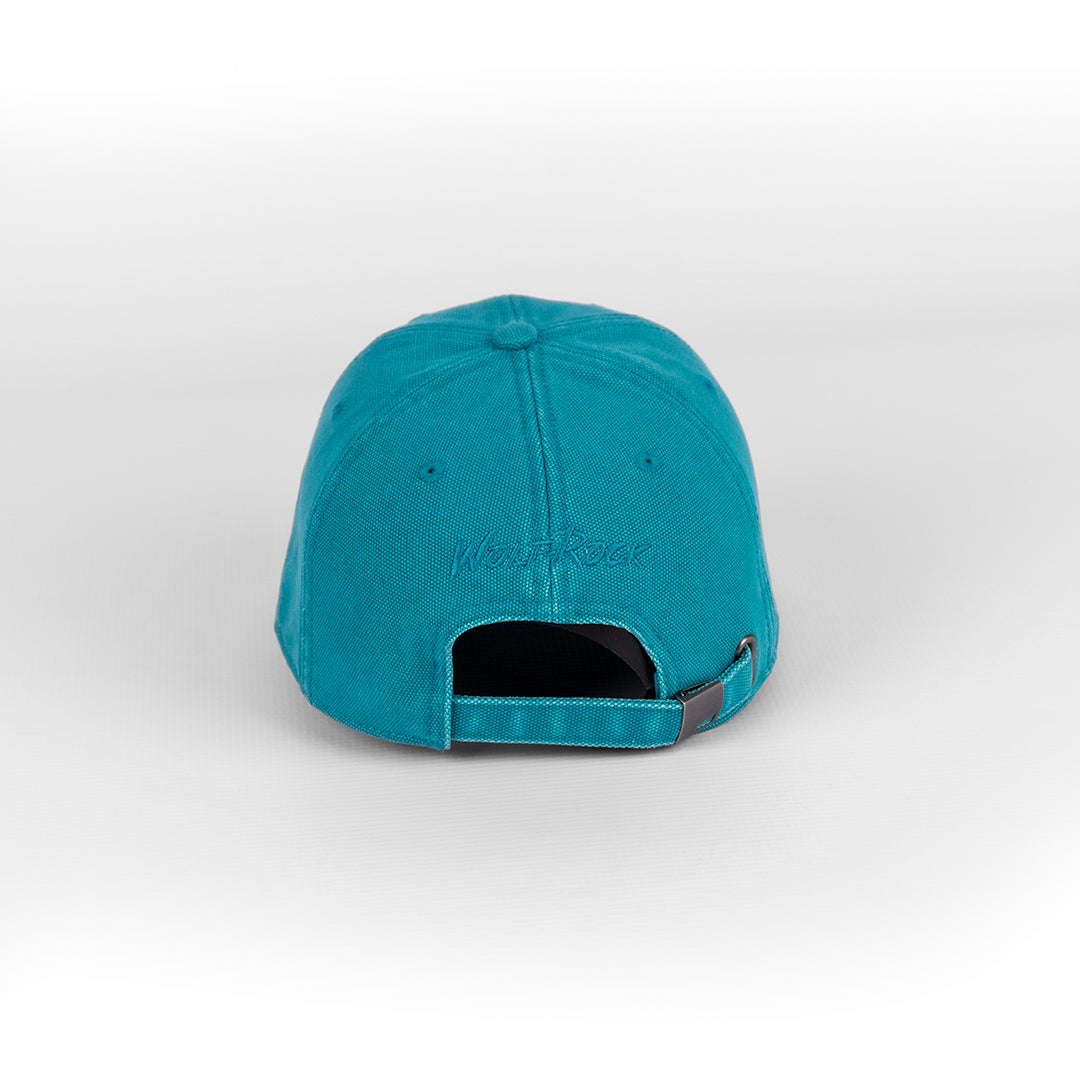 Rear view of the Wolf Rock Mint Blue U-Flex cap, detailing the subtle back embroidery and the adjustable strap and clasp closure. 